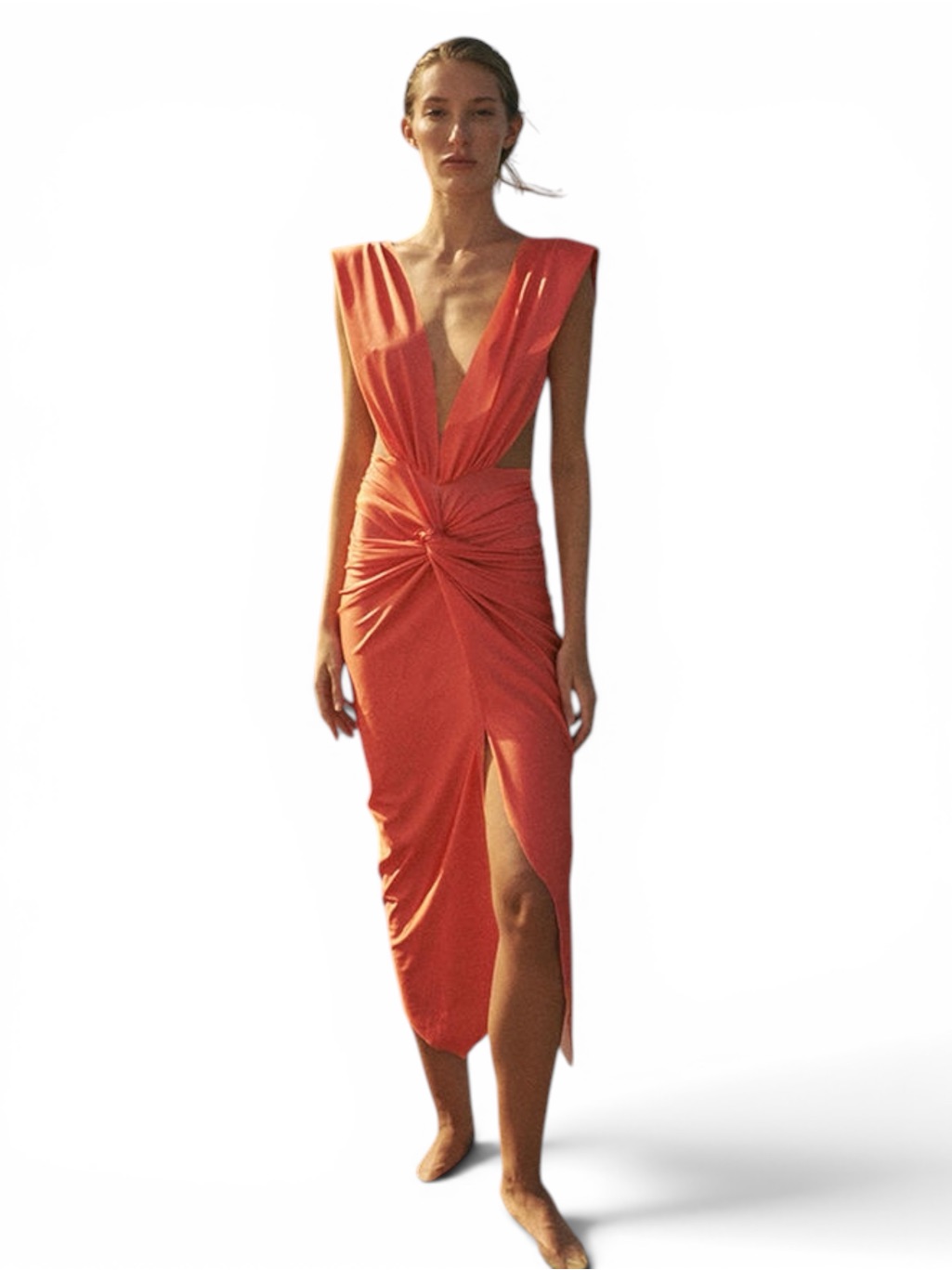Nwt Baobab Mia Dress Orange Ruched Cutout Plunge Midi Resort Vacation Designer